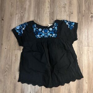 Rebecca Taylor Embroidered Floral Blouse in Black and Azure